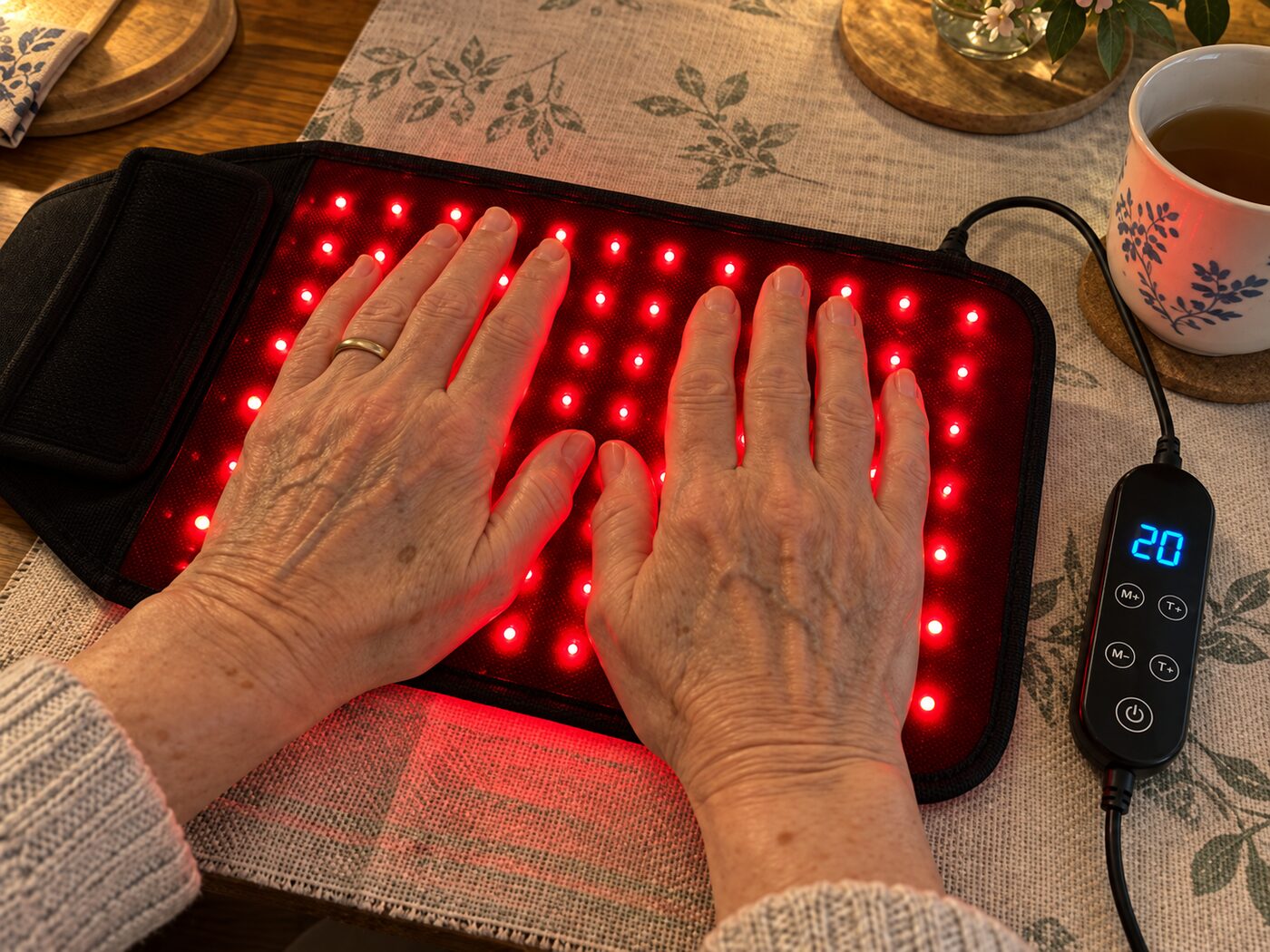 Hands resting on the lit LumaWrap panel