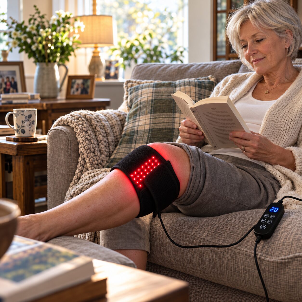Woman using LumaWrap on her knee while reading