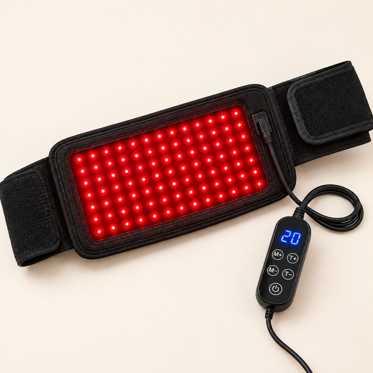 LumaWrap red light therapy wrap lit up with its one-button controller